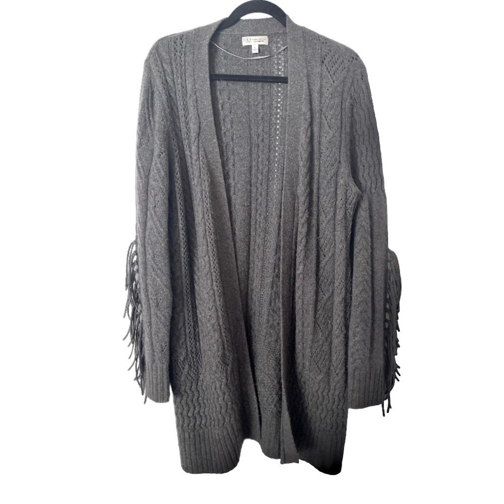 Neiman Marcus Cashmere Grey‎ Cable-knit Duster Cardigan with Fringe Sleeves